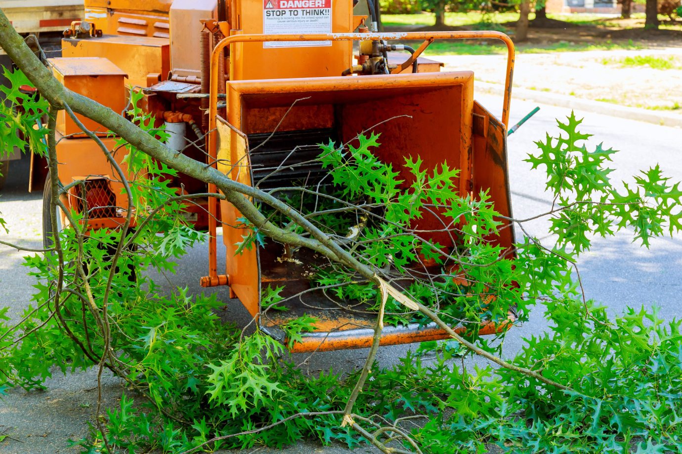 Landscapers using chipper machine to remove and haul chainsaw tree branches